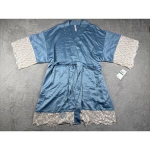 NWT Flora By Flora Nikrooz Lace Trim Satin Wrap Robe Teal Blue Size Large